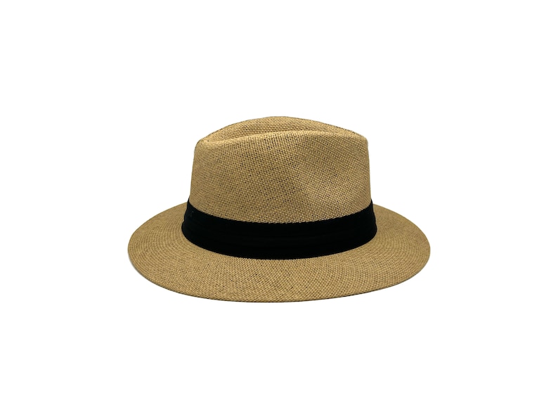 May include: A tan fedora hat with a black band around the crown.