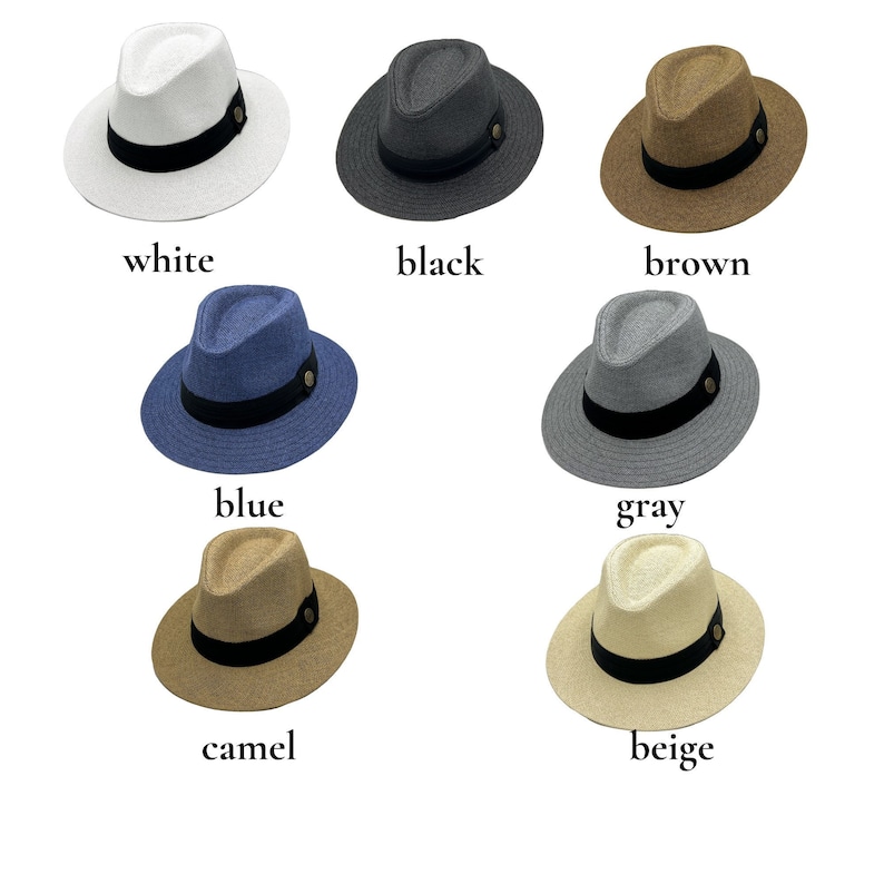 May include: Six fedora hats in different colors: white, black, brown, blue, gray, and beige. Each hat has a black band and a gold button.