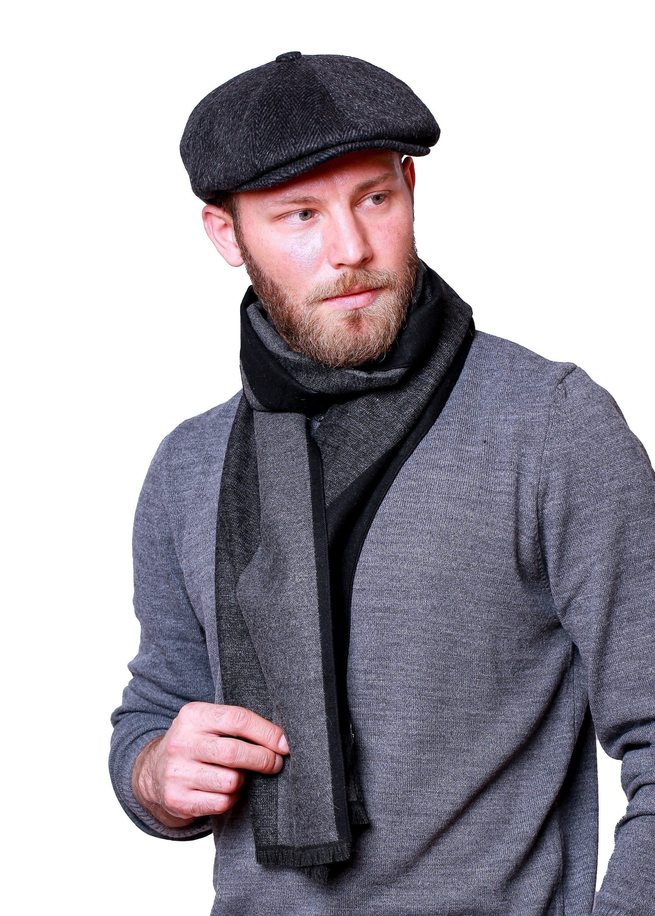 Black Herringbone Wool 8 Panels Cap, Newsboy Baker Boy Hat, Irish flat cap, Christmas Gift, Hatsquare Newsboy Cap, Men Scarf Set