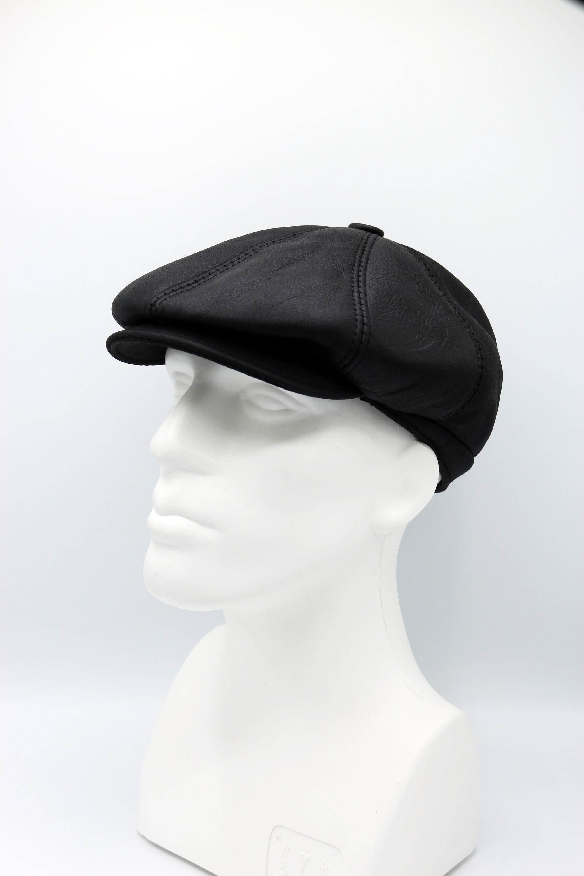 Black Leather 8 Panels Newsboy Cap With Earflap Peaky Blinders