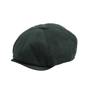 May include: A dark green newsboy cap, featuring a rounded crown and a small, stiff peak. The cap is crafted from a textured material and has a classic design. Suitable for various occasions, this hat is a stylish accessory.