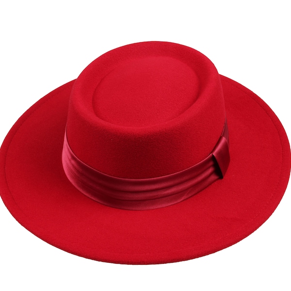 Canotier femme rouge, chapeau fedora à bord rigide en feutre végétalien, chapeau boléro carré, chapeau à bord large femme, bord plat, chapeau rond