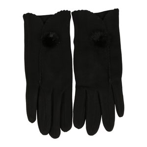 Black Fleece Gloves with Little Pom Pom, Touchscreen Women Winter Gloves, Female One Size Glove, Flexible Gloves , Mobile Phone Gloves