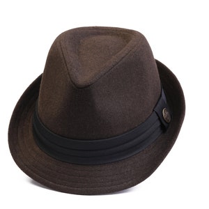 May include: A brown fedora hat with a black band and a small metal button on the side.