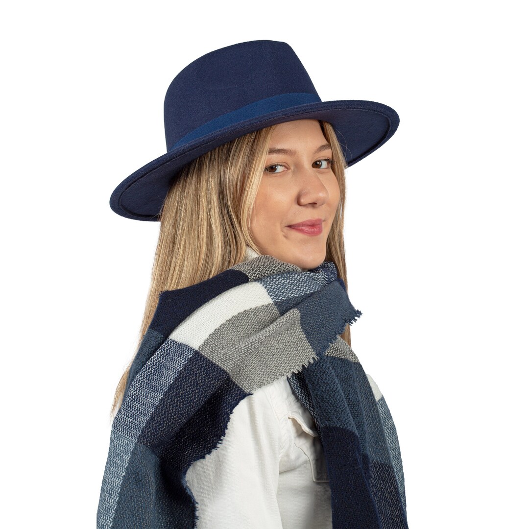 Dark Blue Fedora Hat, Vegan Felt Stiff Brim Hat, Women Winter Hat