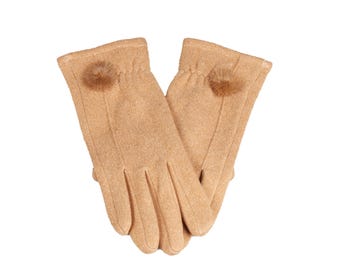 Kamel Fleece Handschuhe mit Pompom Details, Touchscreen Damen Winter Handschuhe, Weibliche Einheitsgröße Handschuh, Flexible Handschuhe, Hutquadrathandschuhe