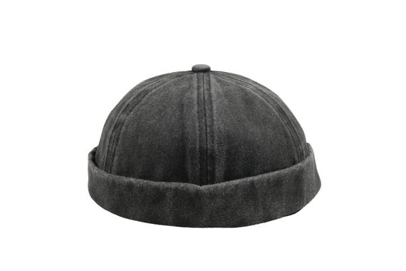 Black Washed Cotton Docker Beanie, Brimless Rolled Cuffed Skull Cap, Pigment Dyed Sailor Military Hat, Streetwear Skull Cap, Dock Worker Hat