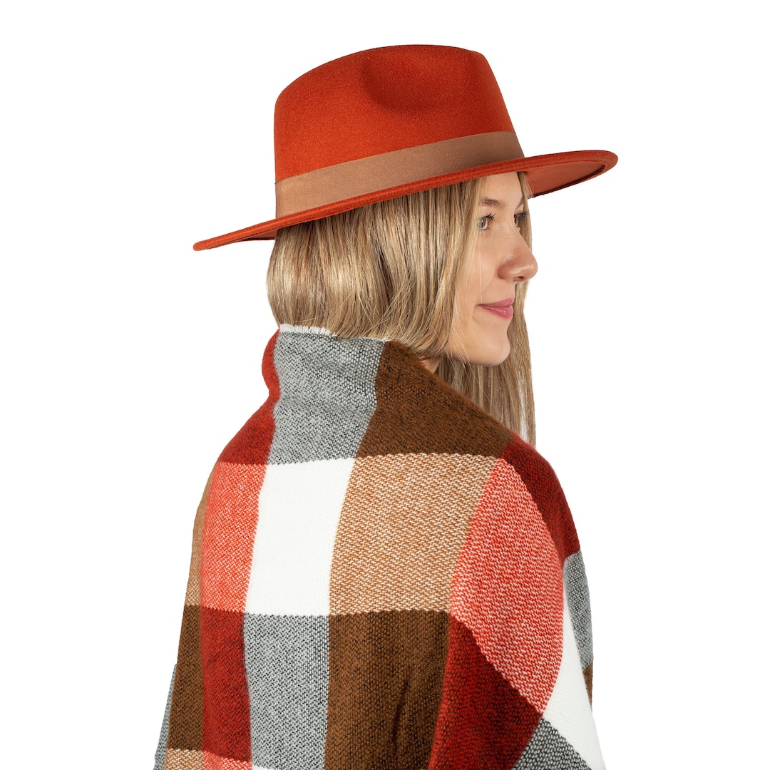 Orange Fedora Hat, Vegan Felt Stiff Brim Hat, Women Winter Hat, Women