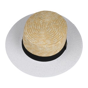 White Straw Boater Hat, Summer Men Women Fedora Hat,  Hatsquare Bolero Hat, Straw Wide Brim Hat, Flat Brim, Round Captain Hat, Gondolier Hat