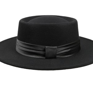 Canotier noir femme, chapeau fedora à bord rigide en feutre végétalien, chapeau boléro carré, chapeau à bord large femme, bord plat, chapeau rond