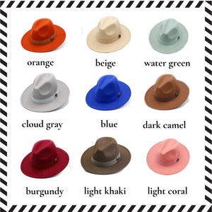 May include: Nine felt fedora hats in various colors, including orange, beige, water green, cloud gray, blue, dark camel, burgundy, light khaki, and light coral.