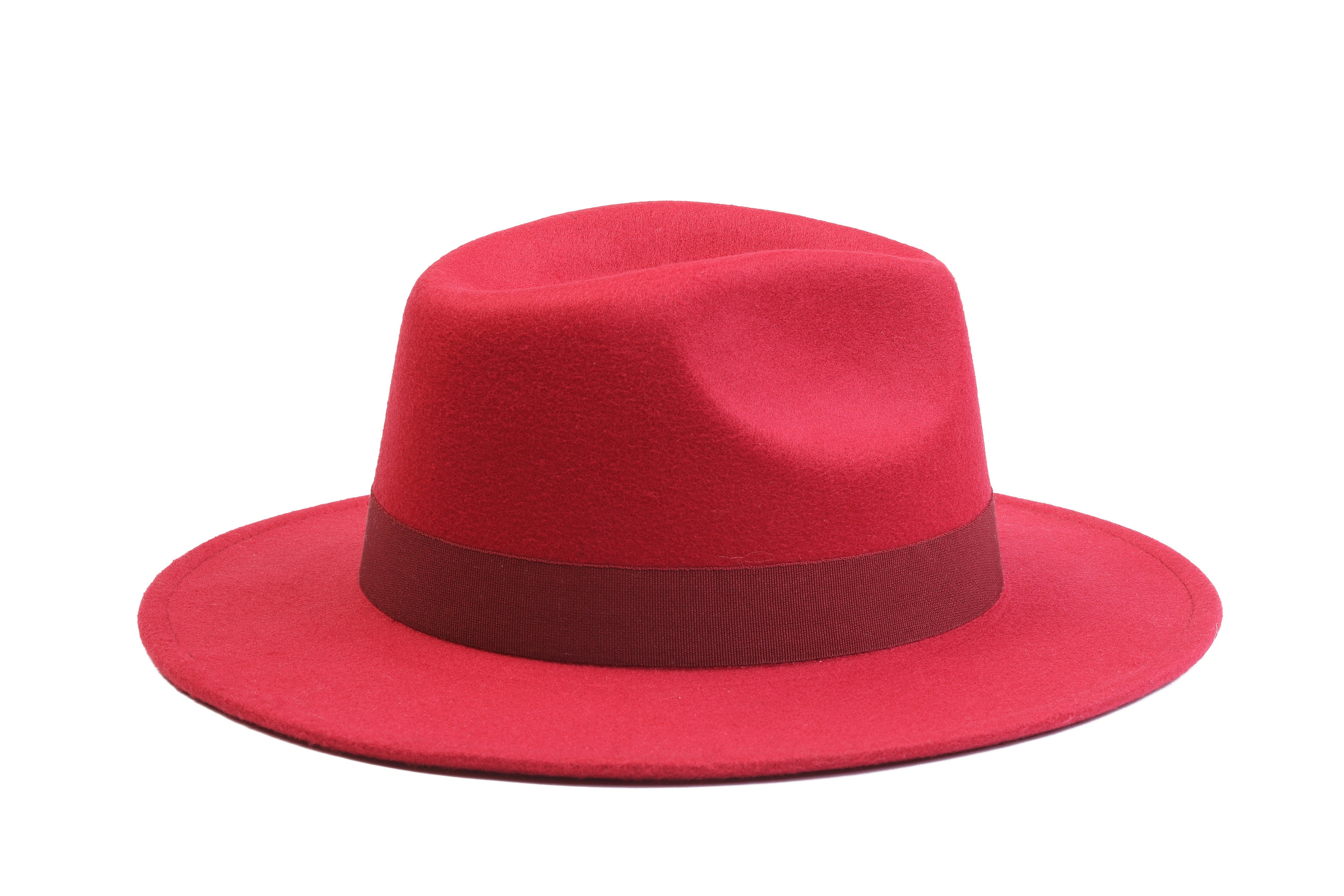 Dark Red Sitff Brim  Modern Fedora Hat NEW Gents Crushable Wine Red Indiana 100%Wool Felt Fedora Trilby  main image 3