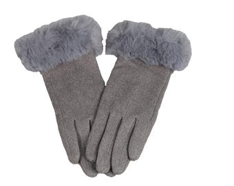 Gray Fleece Gloves with Faux Fur Details, Touchscreen Women Winter Gloves, Female One Size Glove, Flexible Gloves , Hatsquare Gloves