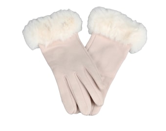 Beige Fleece Gloves with Faux Fur Details, Touchscreen Women Winter Gloves, Female One Size Glove, Flexible Gloves , Hatsquare Gloves