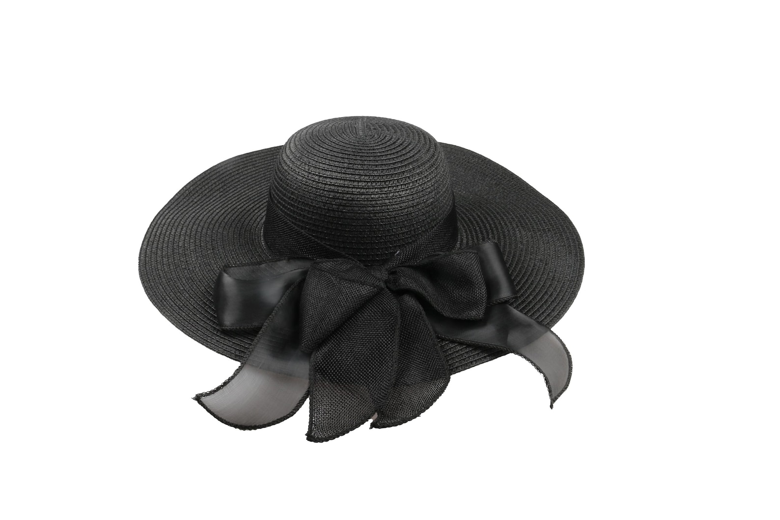 Romantic goth sun hat with wide brim and oversized black bow, perfect for elegant summer goth or vintage-inspired beachwear.
