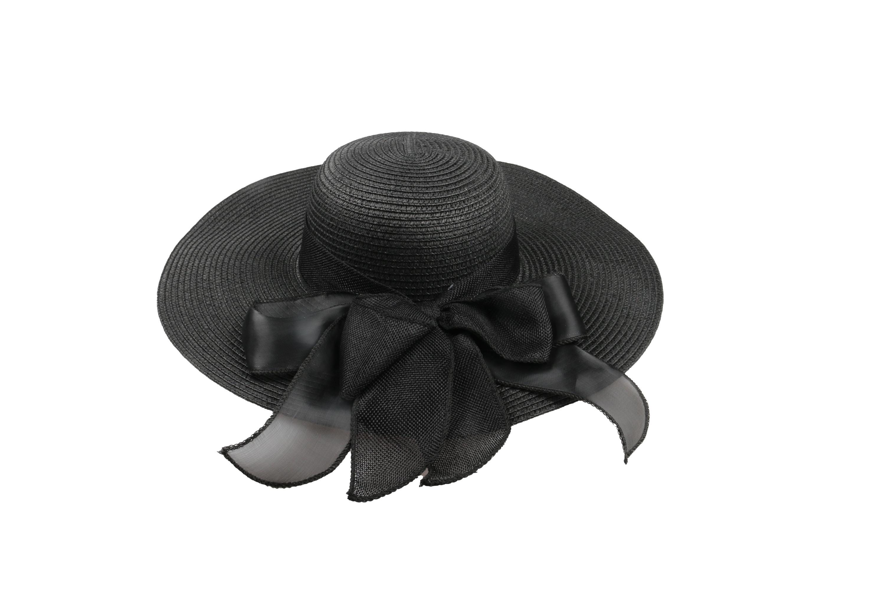 Vintage Black Purple Bow Wide Brim Sun Hat Woven Pleated Straw Beach Hat VG Straw Garden Hat Wide Brim Pink Ribbon Bow Band Sun Hat  main image 4