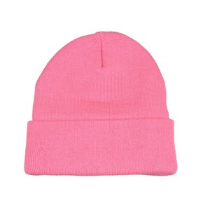 May include: A pink knitted beanie hat.