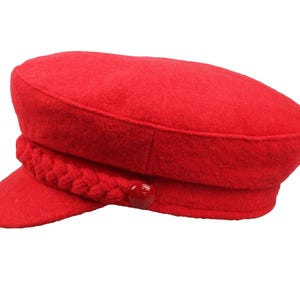 Red Women Wool Fiddler Hat, Hatsquare Women Newsboy Cap, Cabbie Hat, Sailor Captain Hat, Skipper Officer Hat, Yachtsman Fisherman Cap