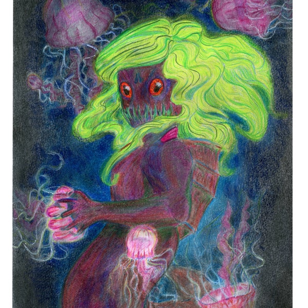 Jellyeater Mermaid, Fine art print, Fantasy art, Holographic art, Art postcard, Mermaid art, Deep sea, Twilight Zone Art, 8.5x11, 5x7