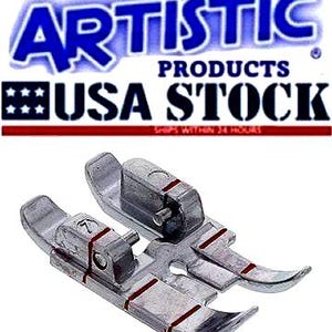 May include: Two silver sewing machine presser feet with red markings. The feet are made of metal and have a curved design. The image also includes the text "ARTISTIC PRODUCTS USA STOCK".