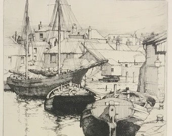Antique Etching of Sailboats titled "The Wharf" by artist E. Willis Paige
