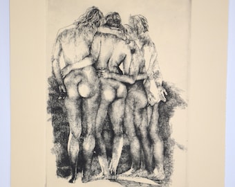 May include: Black and white etching of three figures standing close together. The figures are nude and appear to be embracing. The etching is signed "A.E. The Masson" and dated "Walsdorf-F. 1972."
