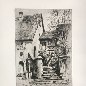 Limited Edition Antique Etching of European Village Scene - Hand Signed by the Artist