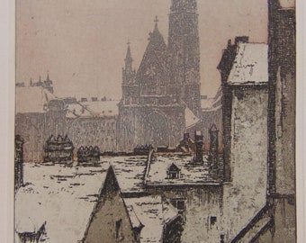 Maria am Gestade Church, Vienna Austria, Etching by Josef Eidenberger, signed.