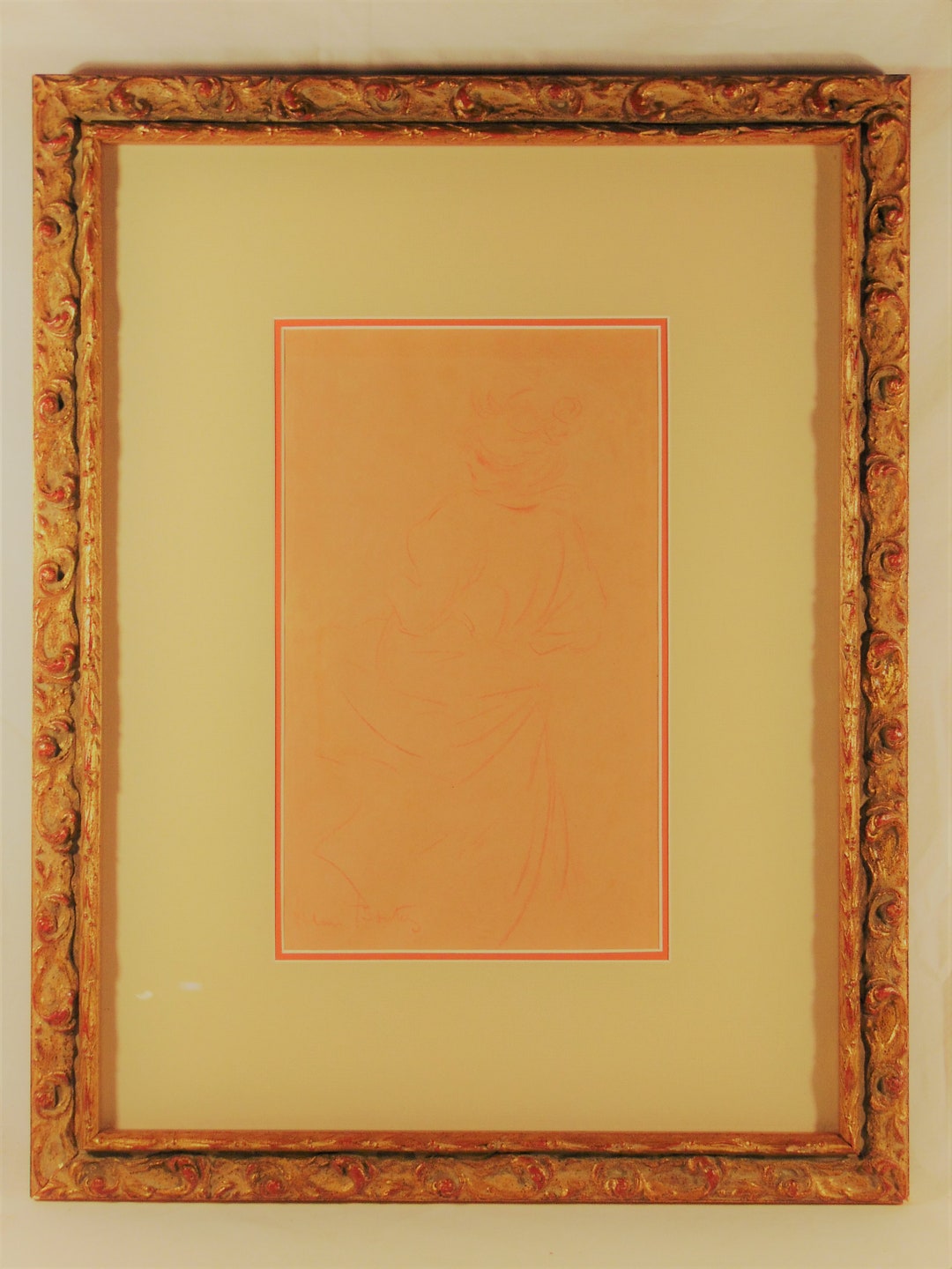 Sketch of Lady in Red Chalk on Paper in Antique Frame by Sketch of Lady in Red Chalk on Paper in Antique Frame by