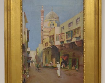 Framed oil on canvas painting of an Egyptian Suk