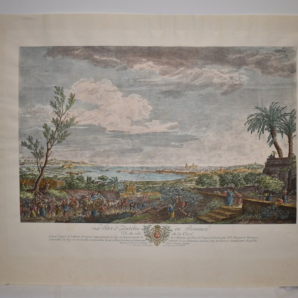 Hand colored engraving of the port of Antibes en Provence by Cochin and Le Bas after Joseph Vernet