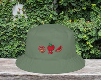 Embroidered Organic Tomato Bucket Hat, Veg Foodie Garden Lover Gift, Vegetable Sun Hat, Whimsical Plant Mum Headwear, Quirky Gardening Hat