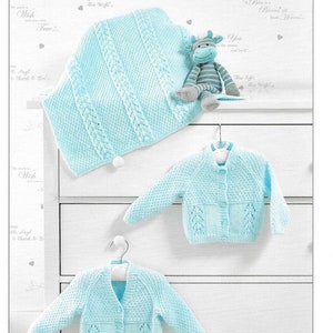 May include: A light blue knitted baby blanket, two cardigans, and a stuffed animal are displayed. The blanket measures 36-56cm. The cardigans are button-down with textured patterns. The stuffed animal is a blue and grey striped giraffe.