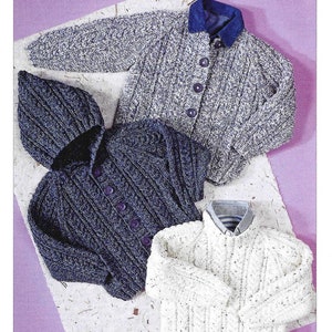 May include: Image of knitting patterns for sweaters and a hat. The patterns include a grey and white speckled cardigan with a blue denim collar, a navy blue hooded sweater, and a white cable-knit sweater. The text "Peter Gregory Designs for knitting" is visible.