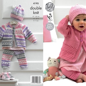 May include: A knitted baby outfit in pink, purple, and grey, including a jacket, trousers, and hat. The outfit is displayed on a white background. The text "4195 double knit" is visible, with measurements of 41-66 cm and ages 0-7 yrs.
