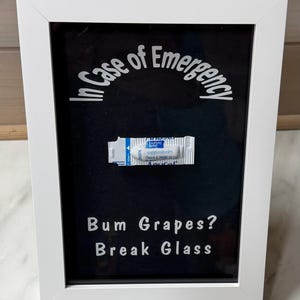 Könnte beinhalten: Weiß gerahmtes Bild mit schwarzem Hintergrund. Weißer Text: "In Case of Emergency" und "Bum Grapes? Break Glass". Ein Zäpfchen befindet sich in der Mitte. Humorvolles und medizinisches Thema.