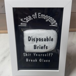 Könnte beinhalten: Ein weiß gerahmtes Schild mit dem Text "In Case of Emergency" über einer Packung Einweg-Slips. Unter den Slips steht auf dem Schild "Shit Yourself? Break Glass."
