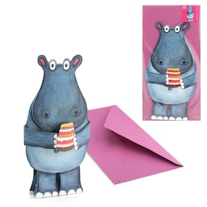 Carte animaux 3D "Hippopotame avec gâteau"