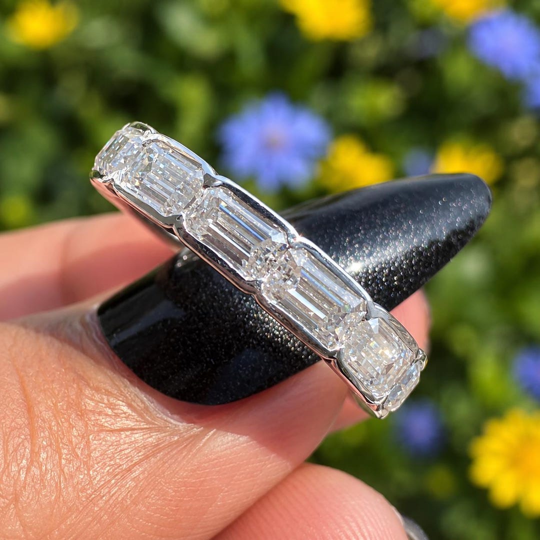 Emerald Cut Lab Grown Diamond Eternity Band, 14K White Gold Bridal Ring ...