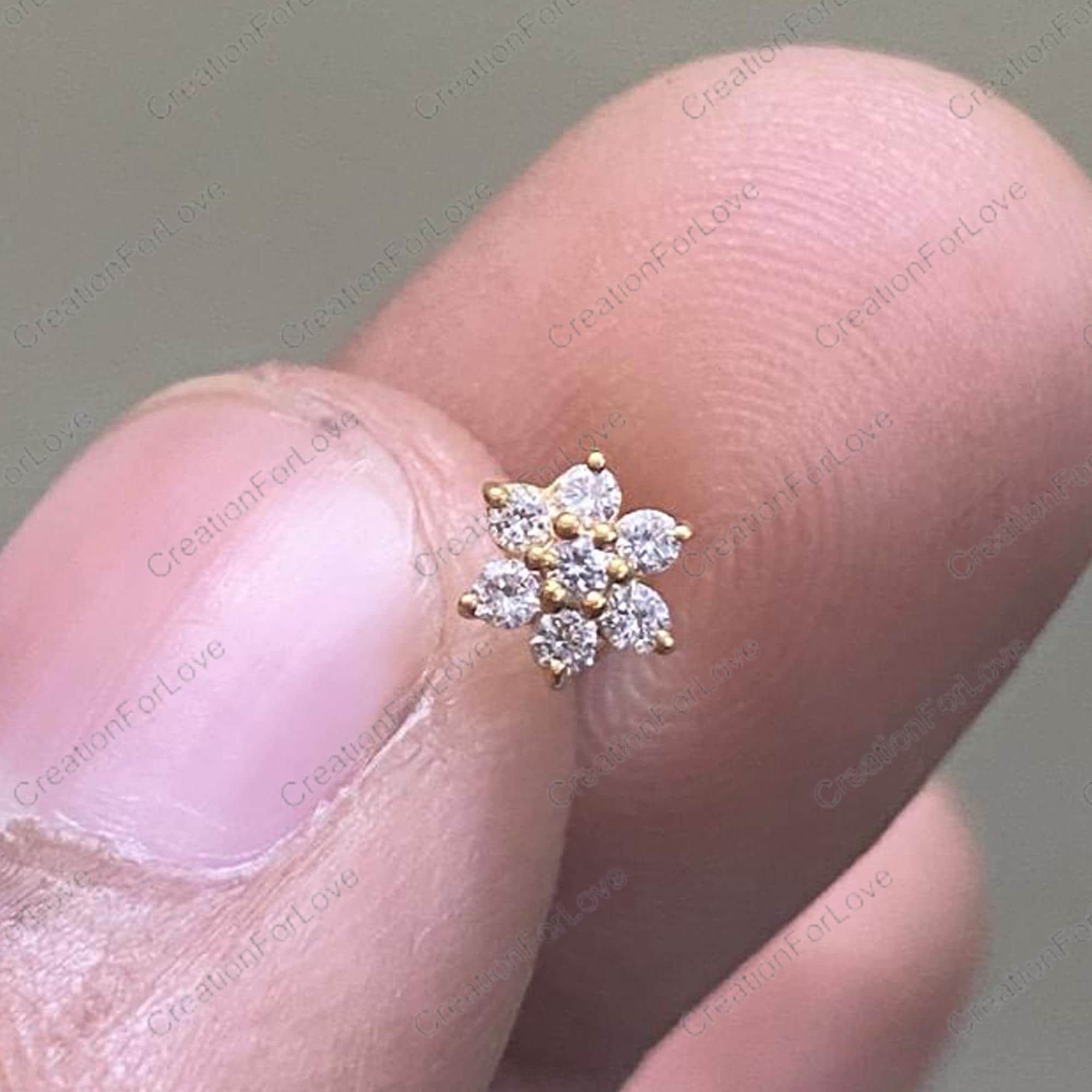 18K Gold Flower Diamond Nose Pin, Lab Grown Gem - Etsy Israel