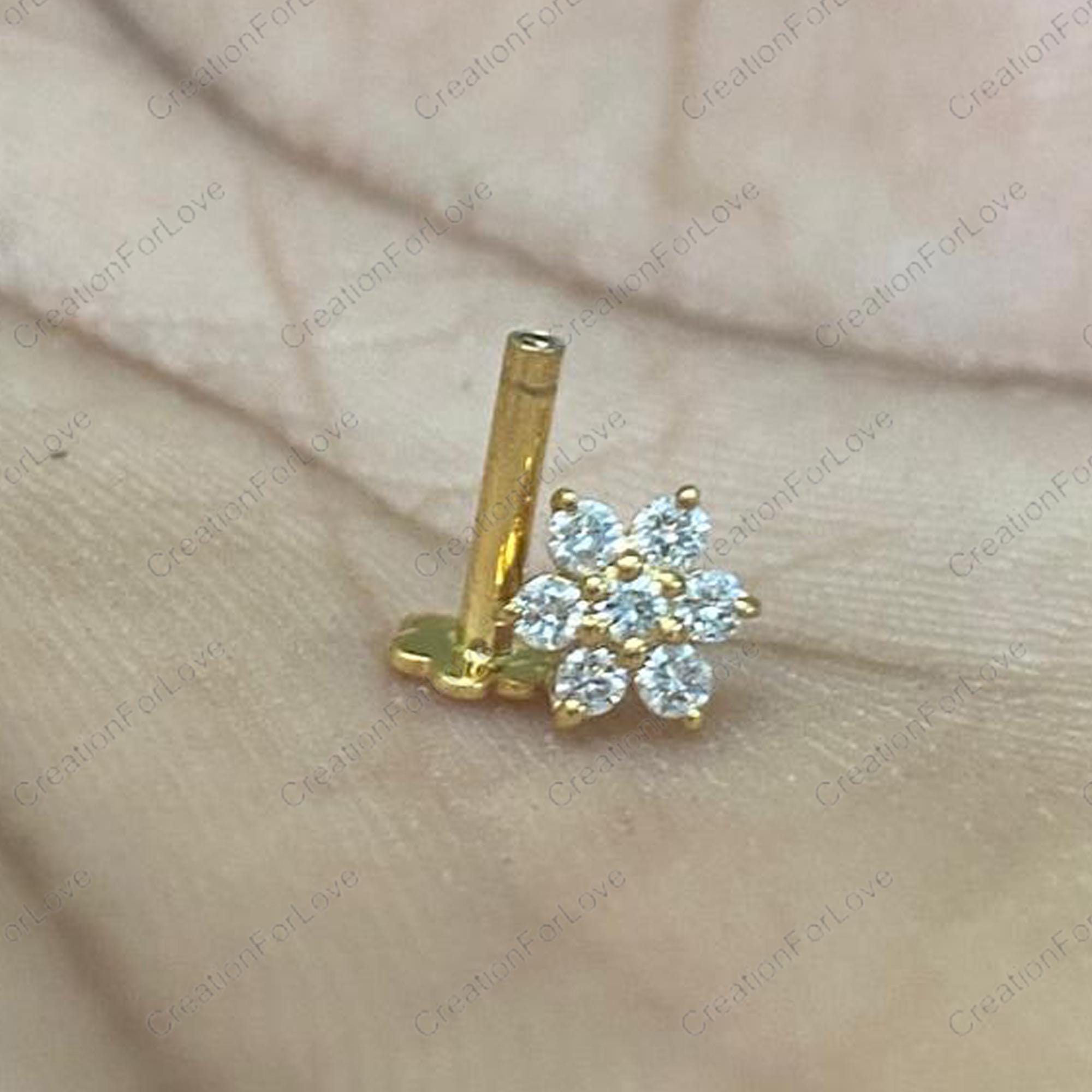 18K Gold Flower Diamond Nose Pin, Lab Grown Gem - Etsy Israel
