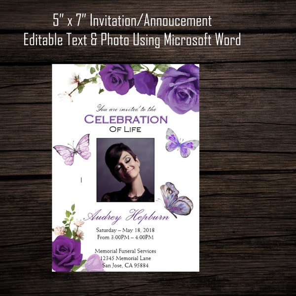 Lila Rosen Schmetterlinge Trauerankündigung | Erinnerungseinladung | Trauer einladungskarten | Bestattung Editierbare Vorlage