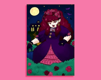 Könnte beinhalten: Illustration einer Vampirfrau in einem dunkelvioletten Kleid mit Rosenkrone in einem Garten. Ein Vollmond und ein Spukhaus sind im Hintergrund zu sehen. Fledermäuse fliegen am Nachthimmel. Das Kunstwerk hat ein gotisches Thema.