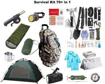 Survival Kit 70-in-1 Bug Out Bag – Emergency Backpack for Camping, Hiking, Car, Earthquake, Travel, Prepping, First Aid, Shelter Gear, War.