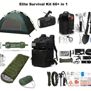 May include: An Elite Survival Kit 60+ in 1, featuring a tent, backpack, radio, first aid kit, and various tools. Includes a sleeping bag, water filter (12cm/4.72in), and a stainless steel cup (1000 ml).