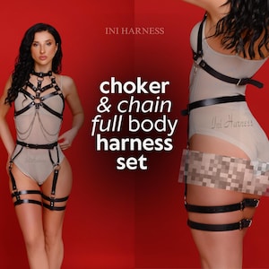 Full body Chain & Choker Harness Set Leather or Vegan Bodysuit Fetish Sexy Body Lingerie Bondage Cage Outfit for Woman