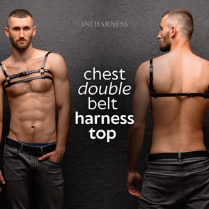 Burning Man Double Belt Chest & Shoulders Harness Top Leather or Vegan Body Bondage Accessory Festival Party Outfit Clothing for Man