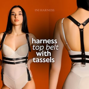 Burning Man Harness Outfit - Leather or Vegan Chest Top with Tassels Waist Belt Bondage Body Clothing Festival Accessory for Woman