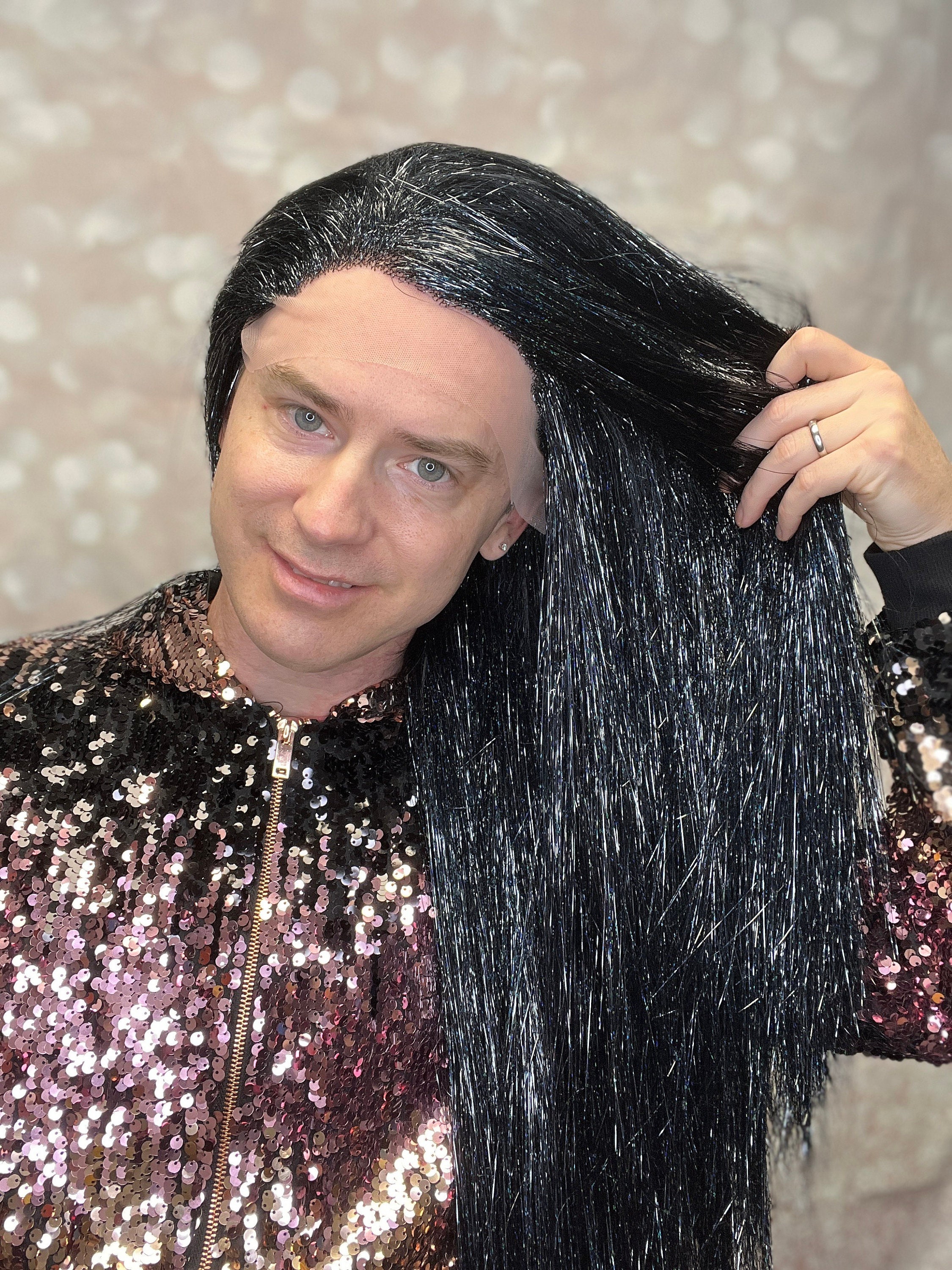 Black tinsel wig online