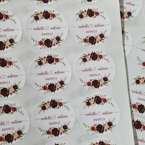personalised round Wedding / engagement gloss stickers / labels,  burgundy,  nikah / mehndi walima / favour stickers,custom wedding stickers